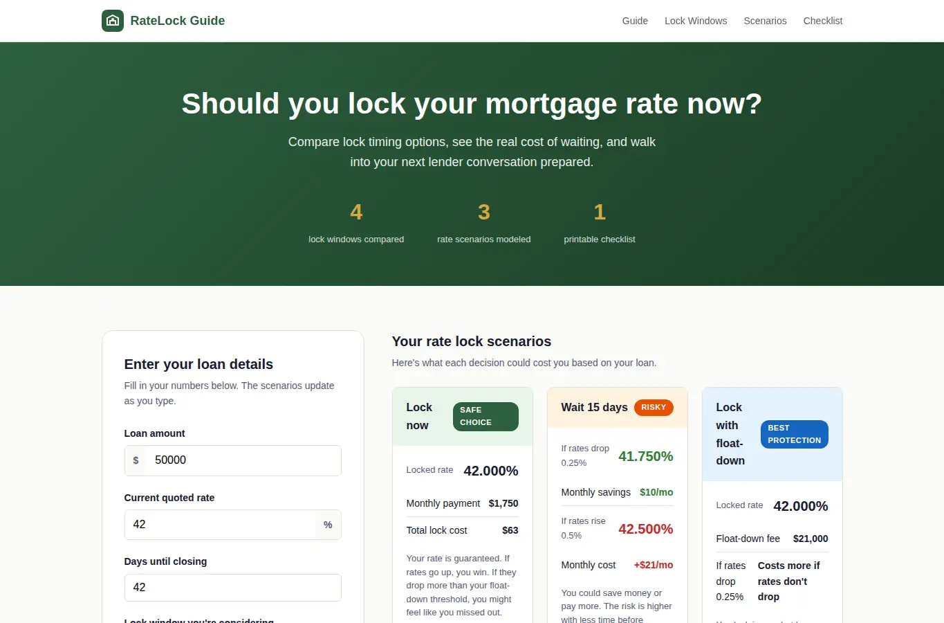 Screenshot of Mortgage Rate Lock Timing Guide interface showing the project page in use